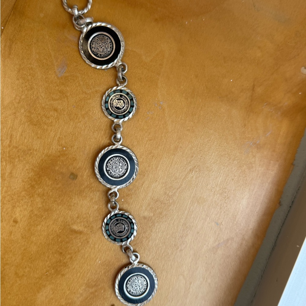 Vintage Silver and Black Medallion Bracelet Aztec